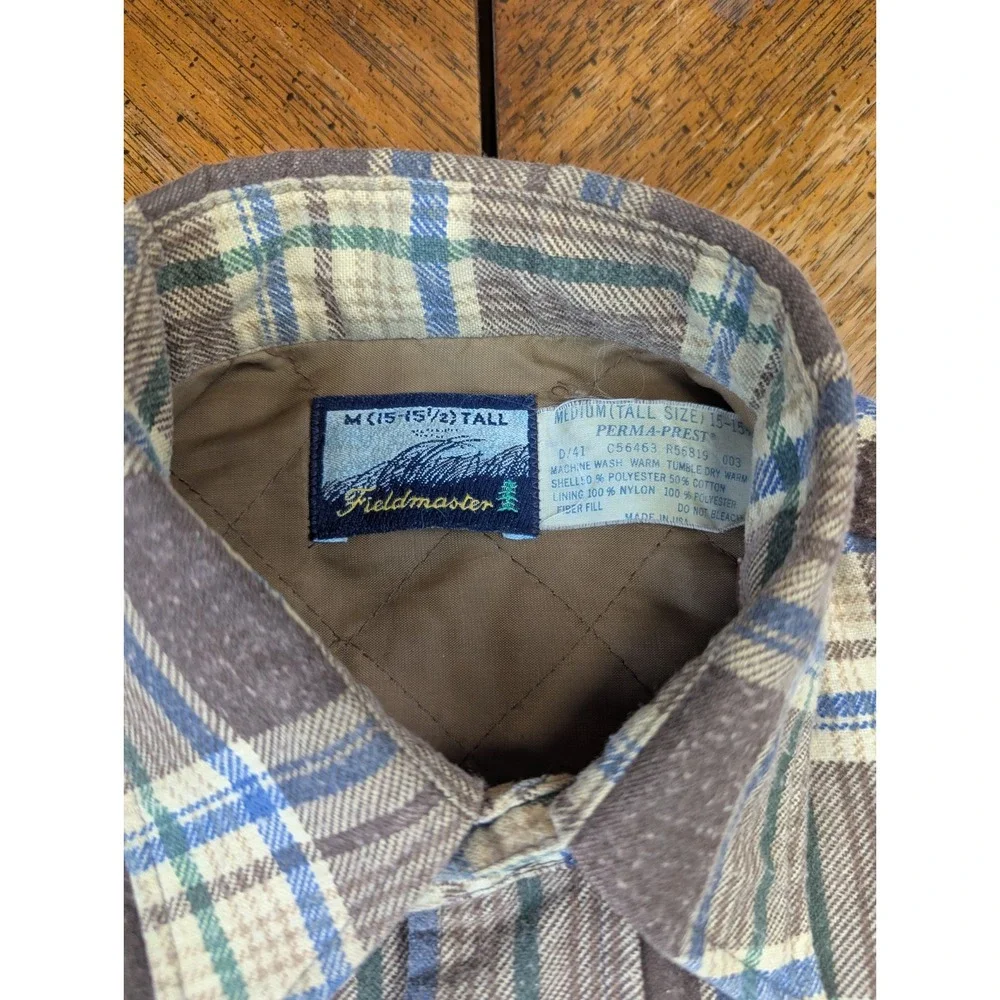VTG‎ Fieldmaster Plaid Flannel Mens Medium Tall Brown Lined Shacket Made In USA